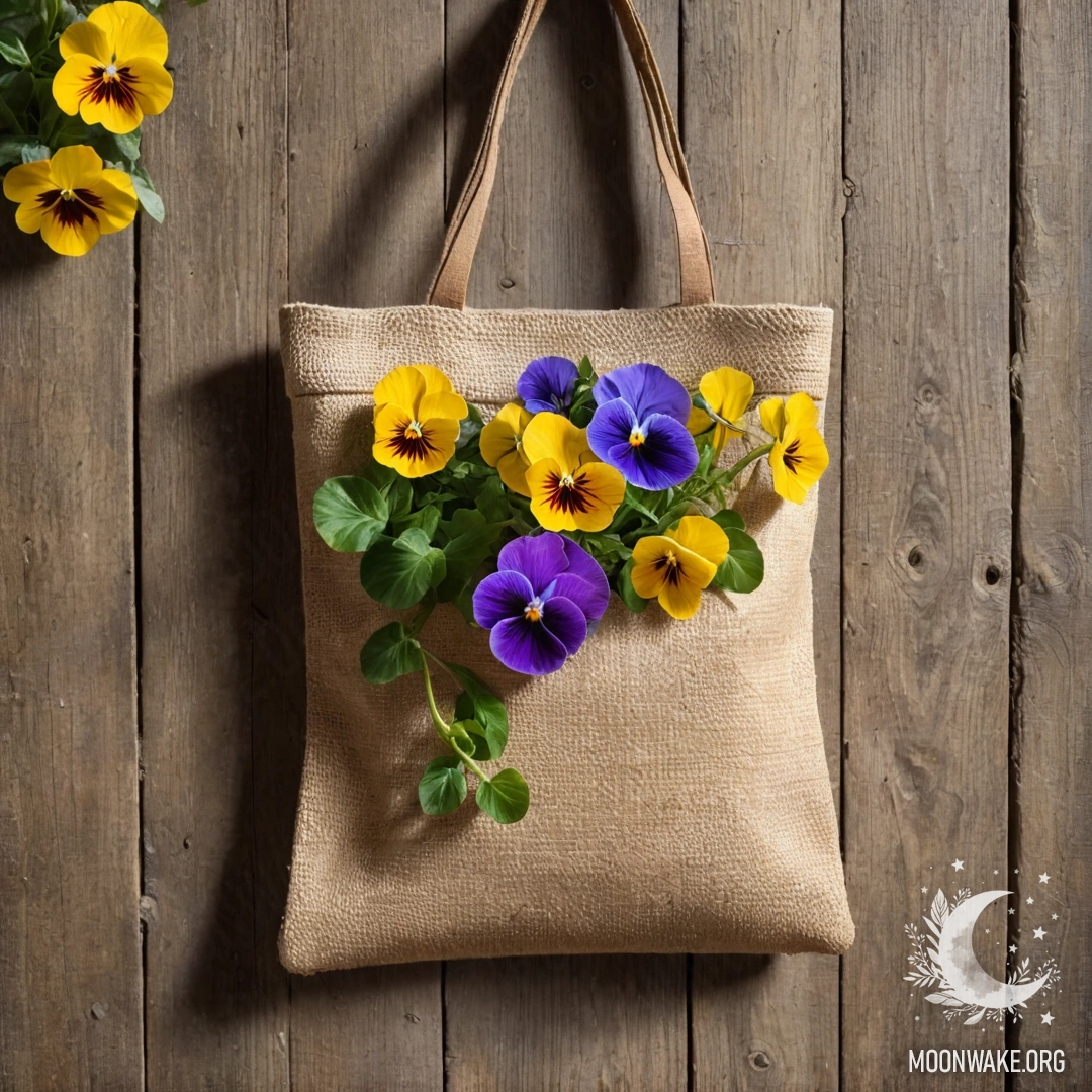 A small burlap bag filled with pansies hanging on a shabby wooden wall, illuminated by sunlight.