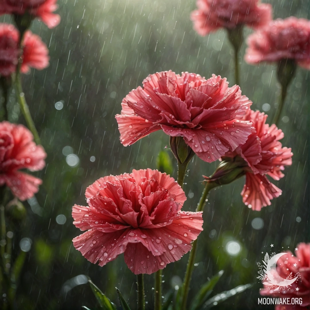 A vibrant red carnation surrounded by raindrops and sun rays.