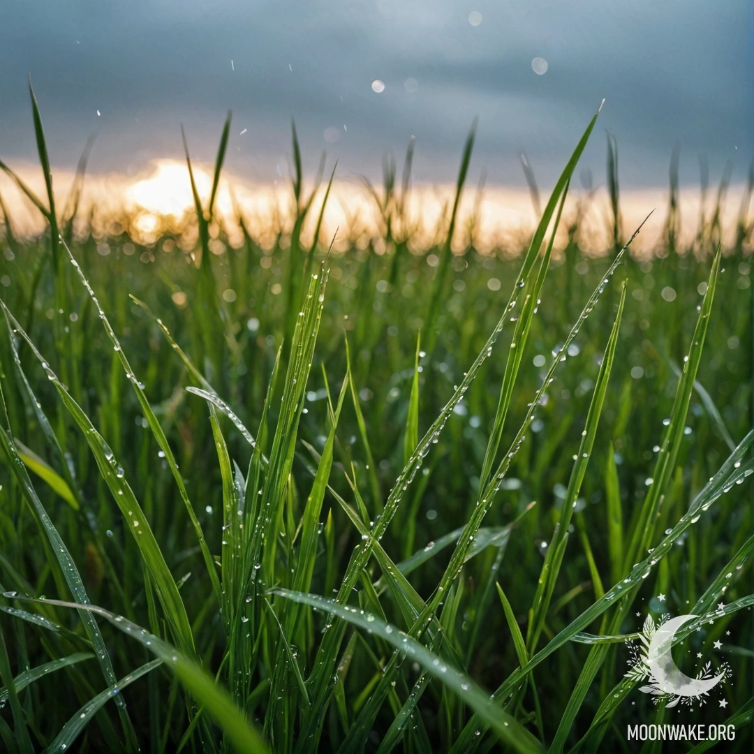 Close-up of green grass in a peaceful field with bokeh sky above.