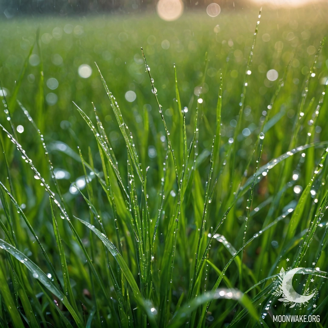 Close-up view of grass with raindrops and blurred field flowers.