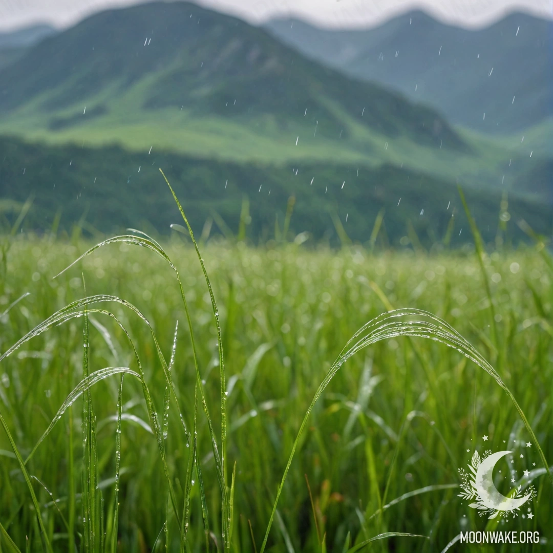 Raindrops on Grassy Field with Mountain Bokeh Close-up of sweet field grass with blurry mountains in the background under rain.