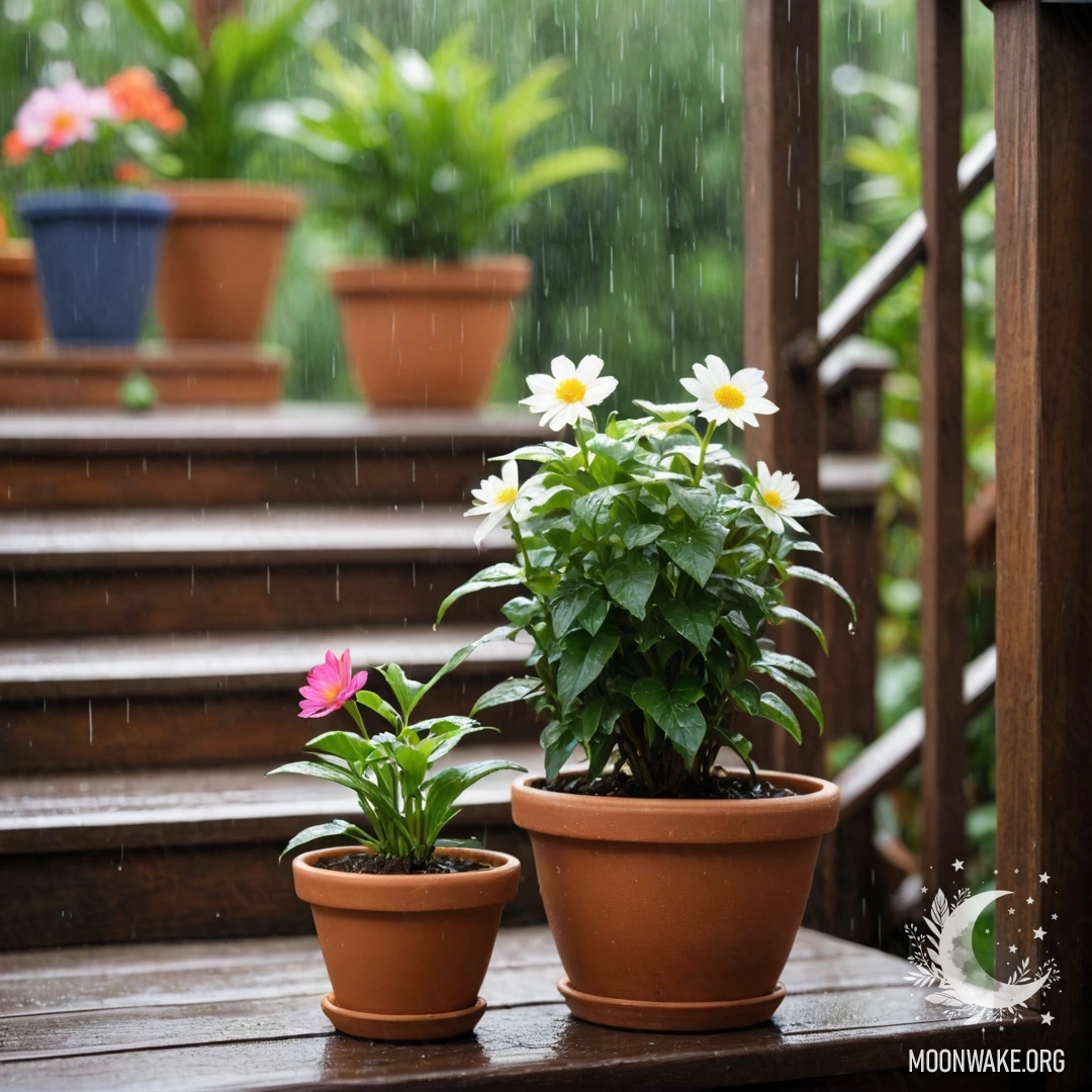Rainy Bliss on Wooden Steps Flowerpots placed on a wooden staircase under the rain.