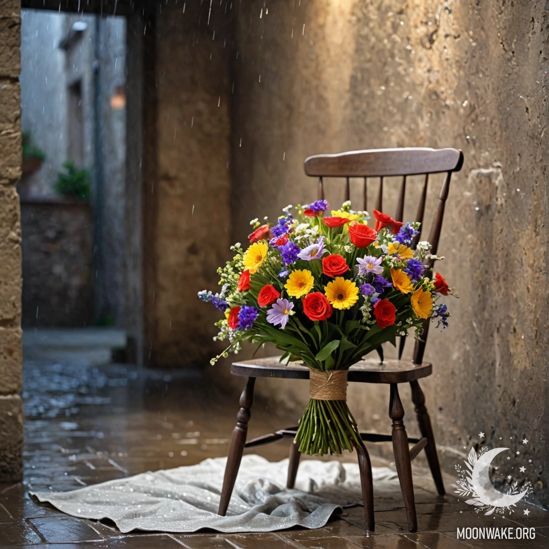 A chair with a blanket and a bouquet of flowers resting on it, set against a shabby wall with rain falling.