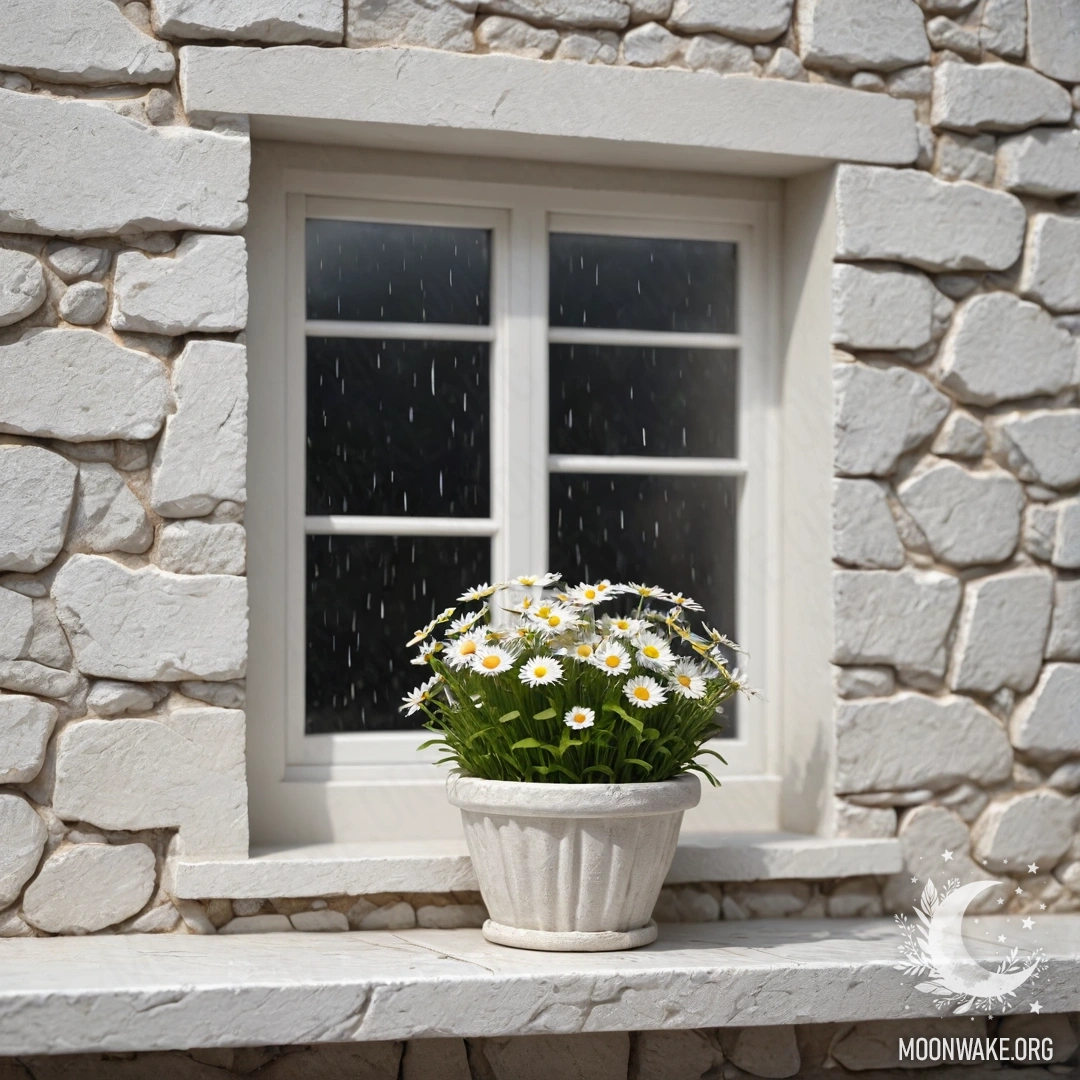 A basket of daisies sits on a windowsill with an open window, against a backdrop of a white stone wall, as rain falls outside.