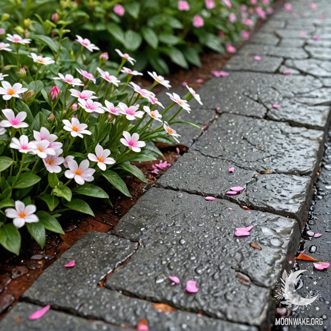 Rainy Day Blooms A shabby stone curb with small white and pink flowers growing behind it, drenched in rain.