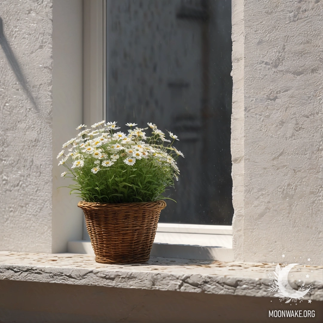 A stone wall with an open window and a basket of daisies on the sill, rain falling.