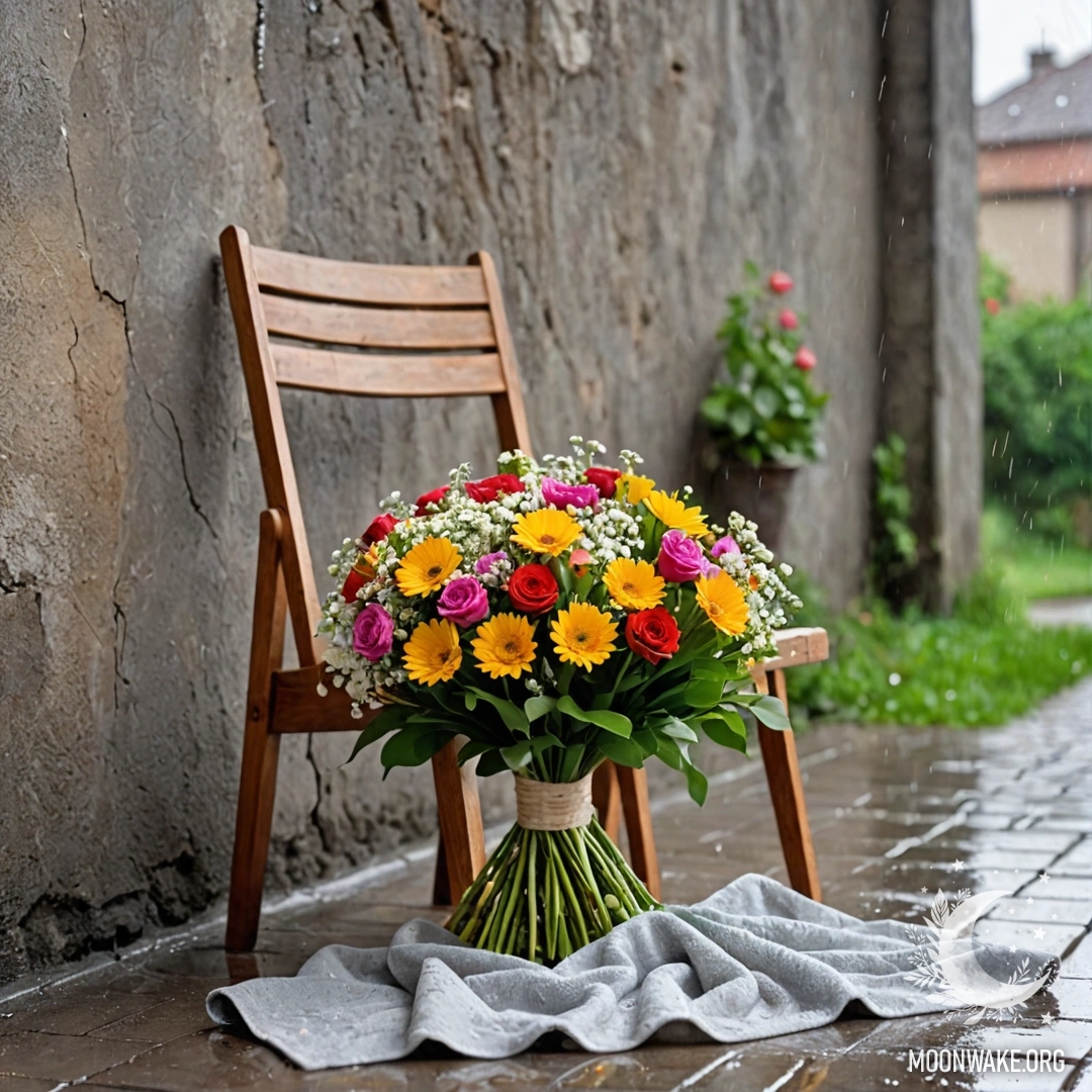 A chair with a blanket and a bouquet of flowers on it, set against a shabby wall with rain falling.