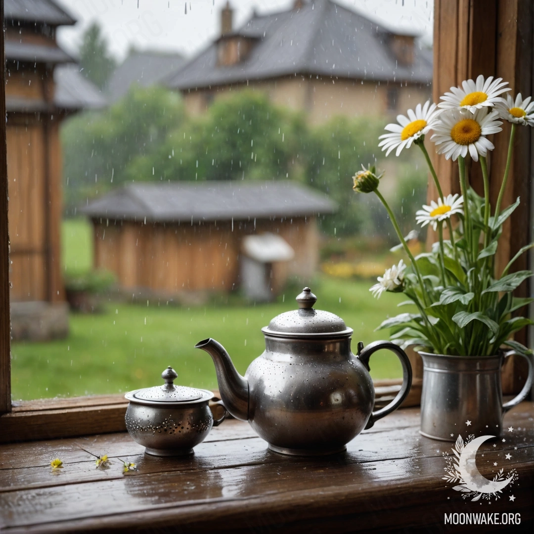 A metal teapot adorned with patterns sits on a shabby wooden windowsill with daisies, as raindrops fall around it.