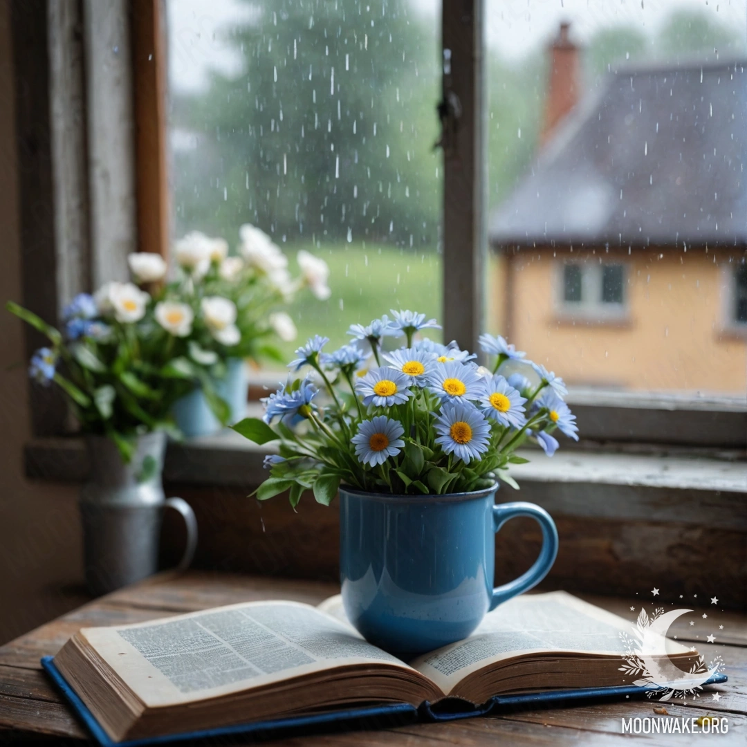 A blue book on a wooden windowsill with a blue mug of flowers under the rain.