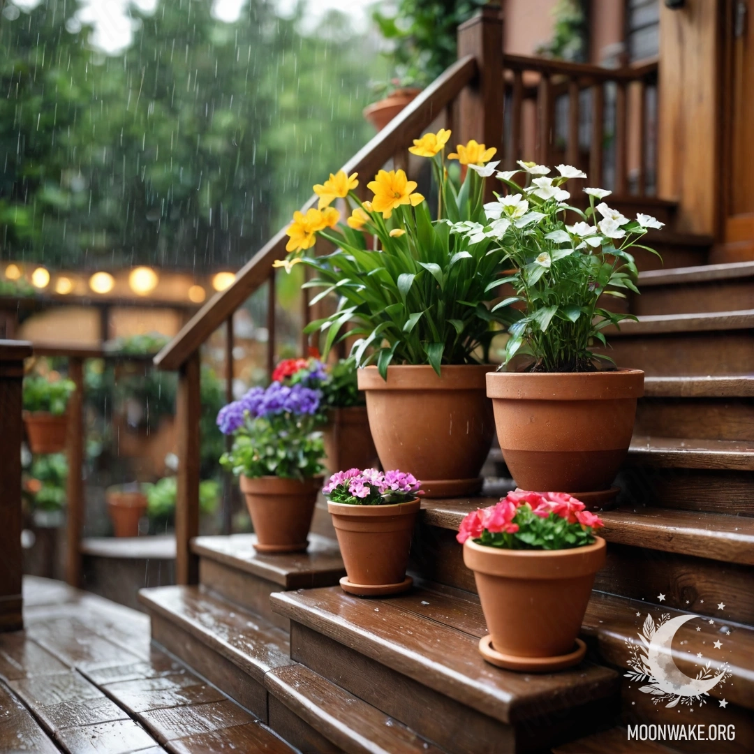 A wooden staircase adorned with flowerpots beneath the rain.