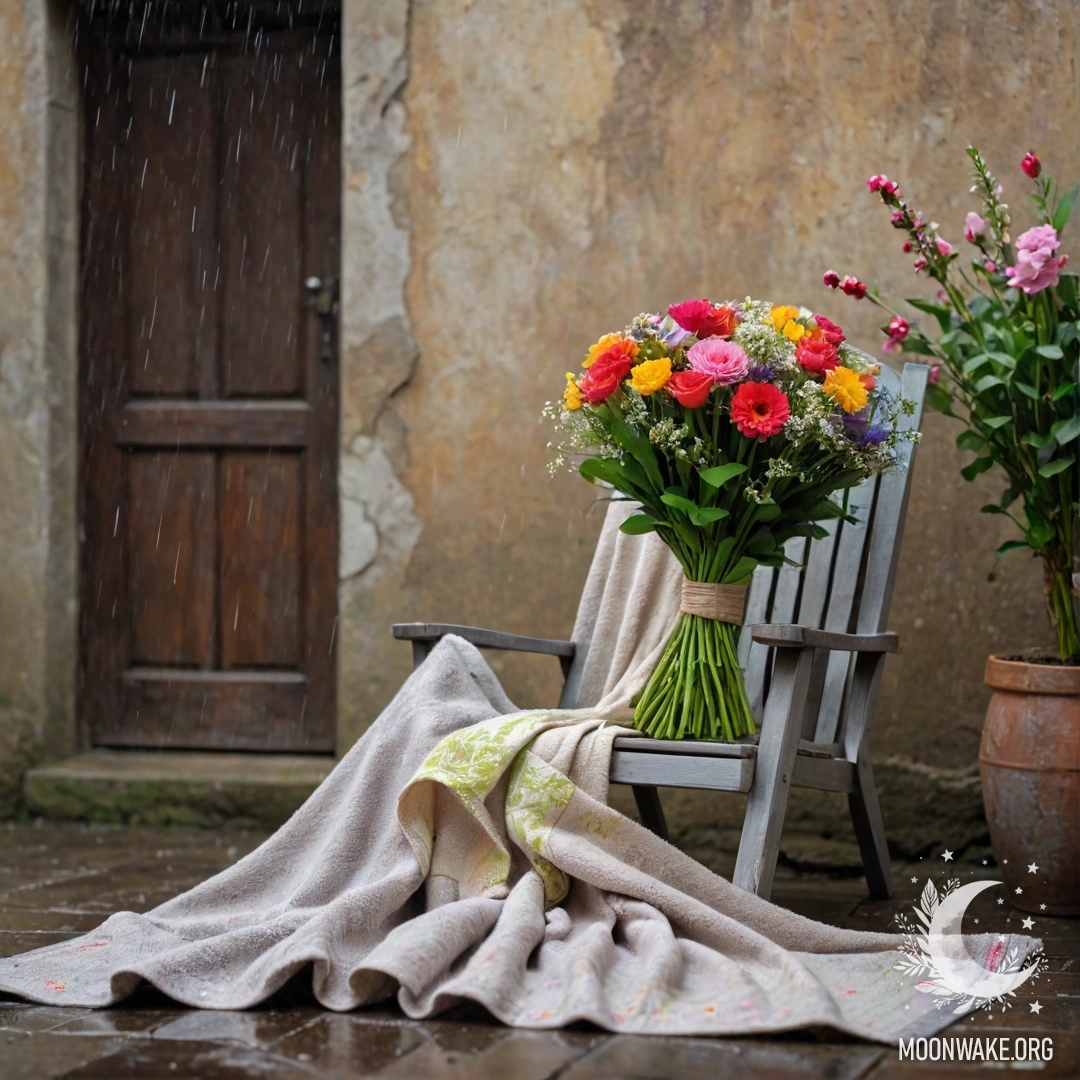 A chair with a blanket and a bouquet of flowers on it, set against a shabby wall in the rain.