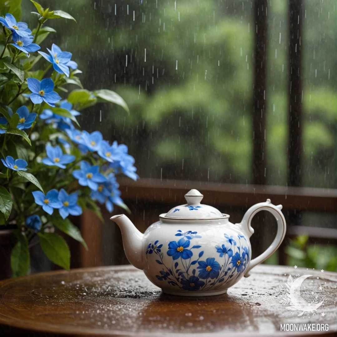 A round wooden table with a porcelain teapot filled with blue flowers, under rain.