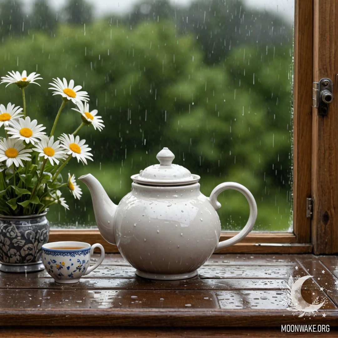 A photorealistic image of an abstract shabby wooden window sill with a metal teapot adorned with patterns and filled with daisies, set against the backdrop of rain.