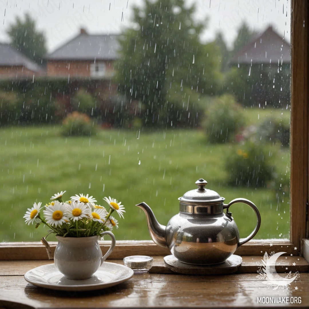 A rustic wooden window sill with a metal teapot adorned with patterns and daisies inside, rain softly falls around it.
