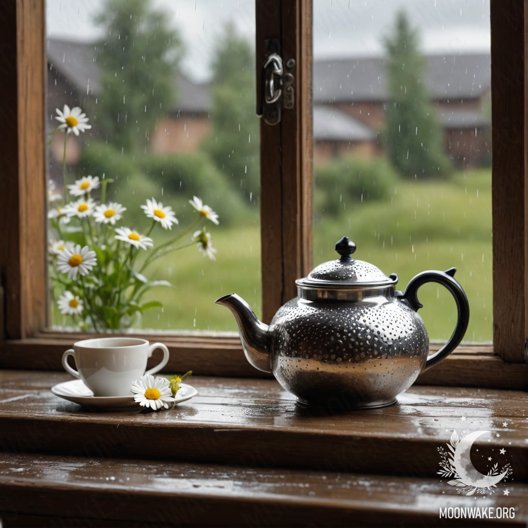 A metal teapot adorned with patterns sits on a weathered wooden window sill, filled with daisies, as rain falls gently around it.
