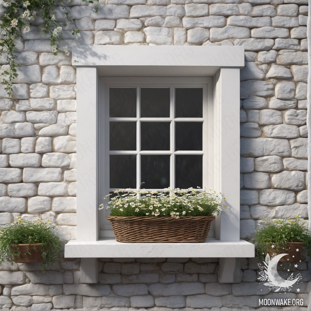 A photorealistic depiction of a stone wall with an open window and daisies in a basket on the windowsill under the rain.
