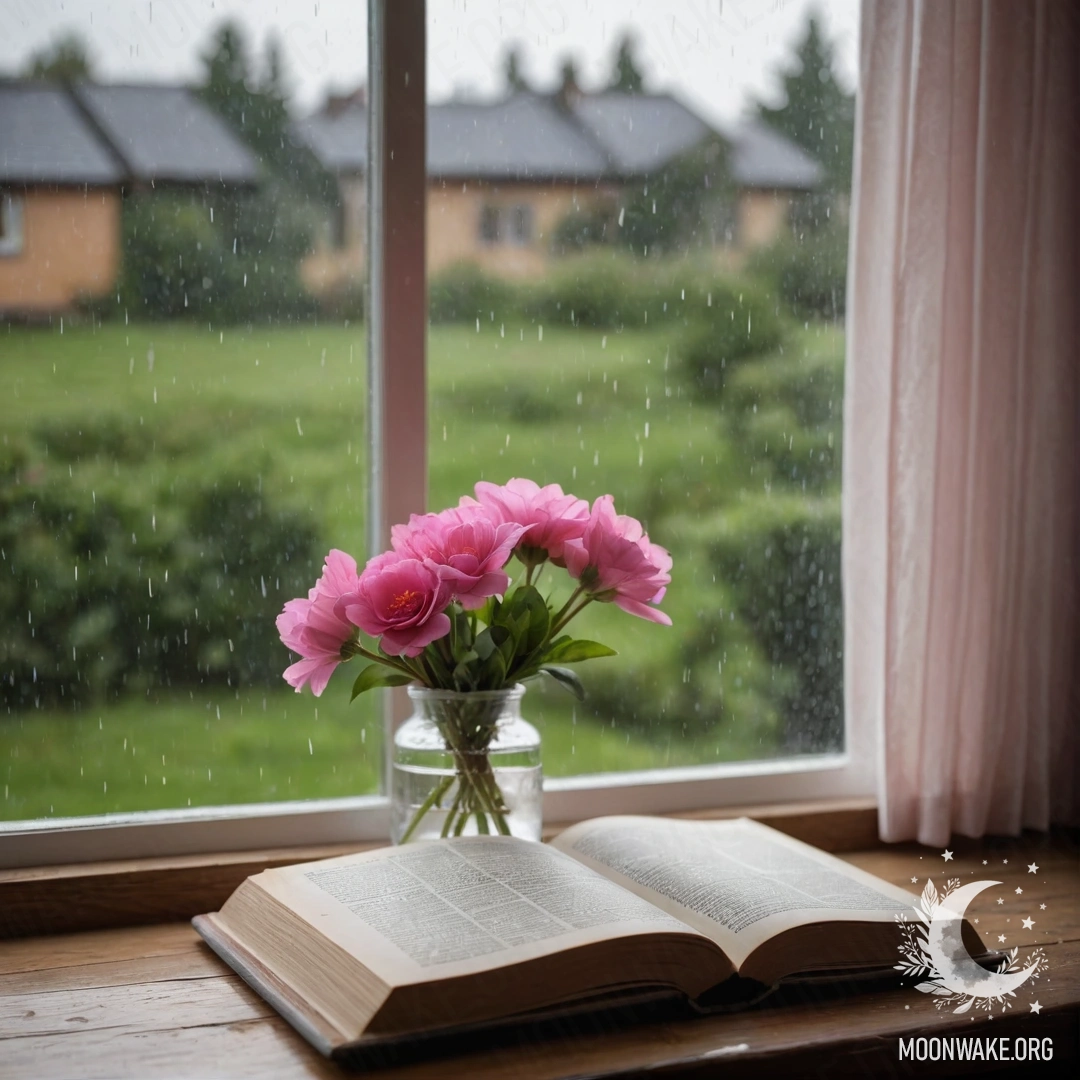 A photorealistic scene featuring a wooden window sill with an old shabby book, a gray vase filled with pink flowers, and a pink curtain draped under the rain.