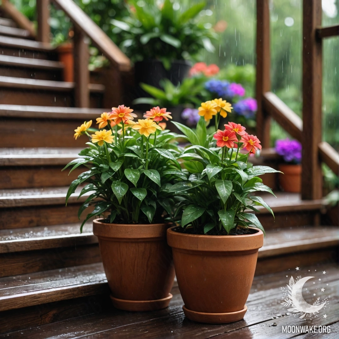Rainy Day on a Wooden Staircase with Flowerpots Wooden staircase adorned with flowerpots, gently bathed in rain.