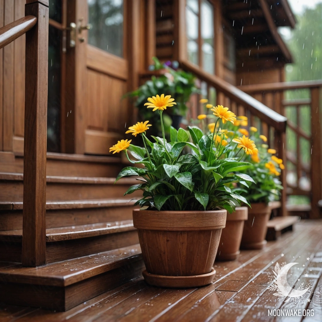A cozy wooden staircase adorned with flowerpots under the rain.