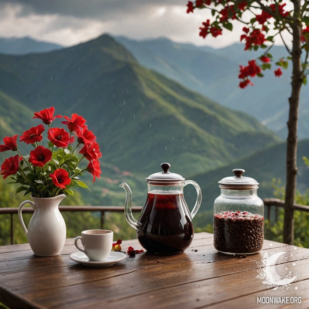 An abstract wooden table in front of mountain scenery, featuring a jar of red flowers, a coffee pot, and two cups, all under rain.