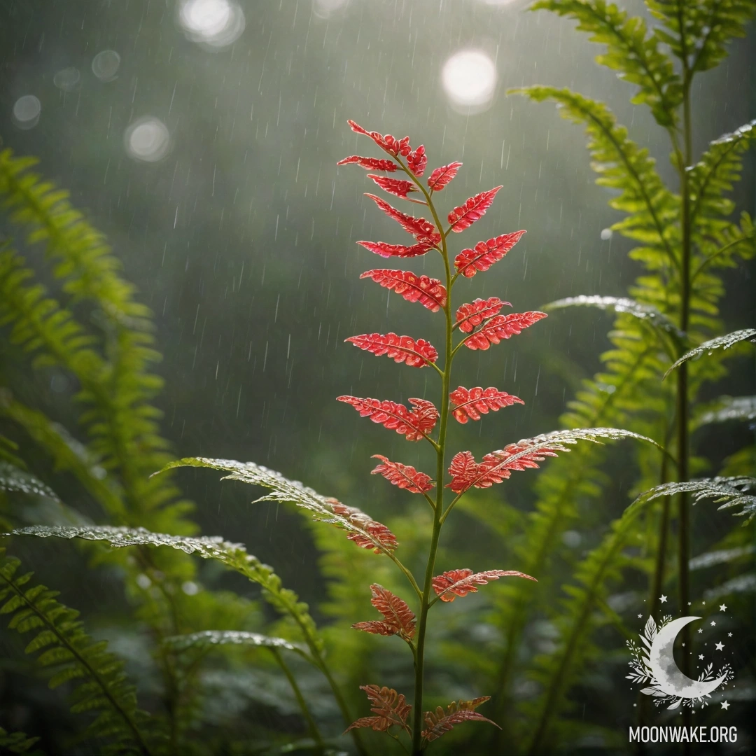 A striking red fern drenched in rain, illuminated by warm sunlight.