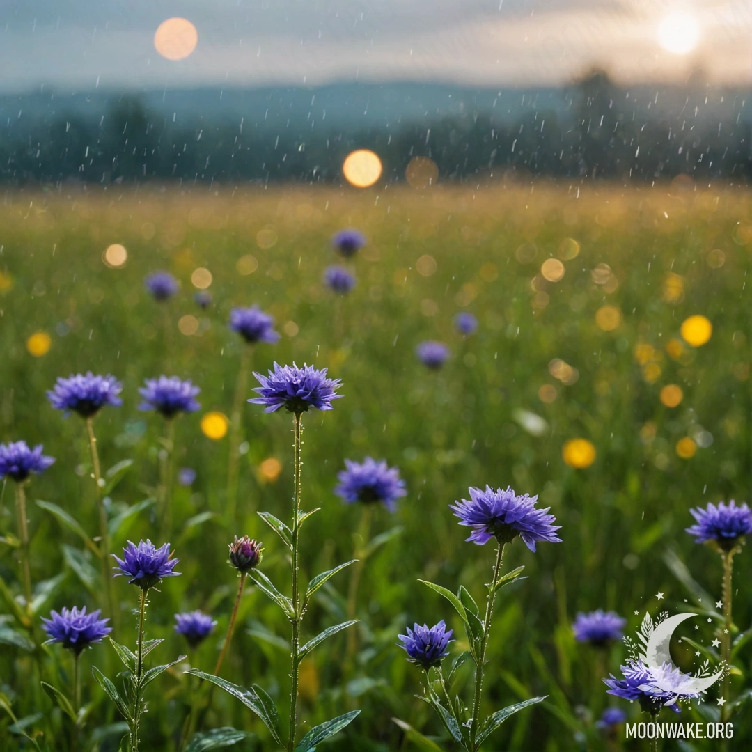 Rainy Minimalism: Bokeh Sky and Field Flowers Close-up of field flowers with a blurred bokeh sky in the background, rain droplets adorning the petals.