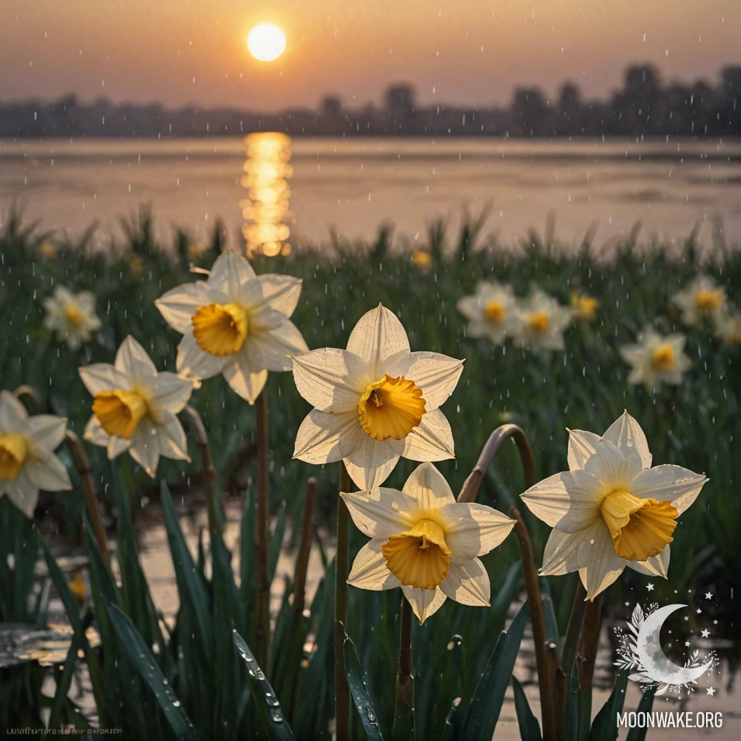 A minimalist watercolor painting of a golden narcissus flower under rain at sunset.