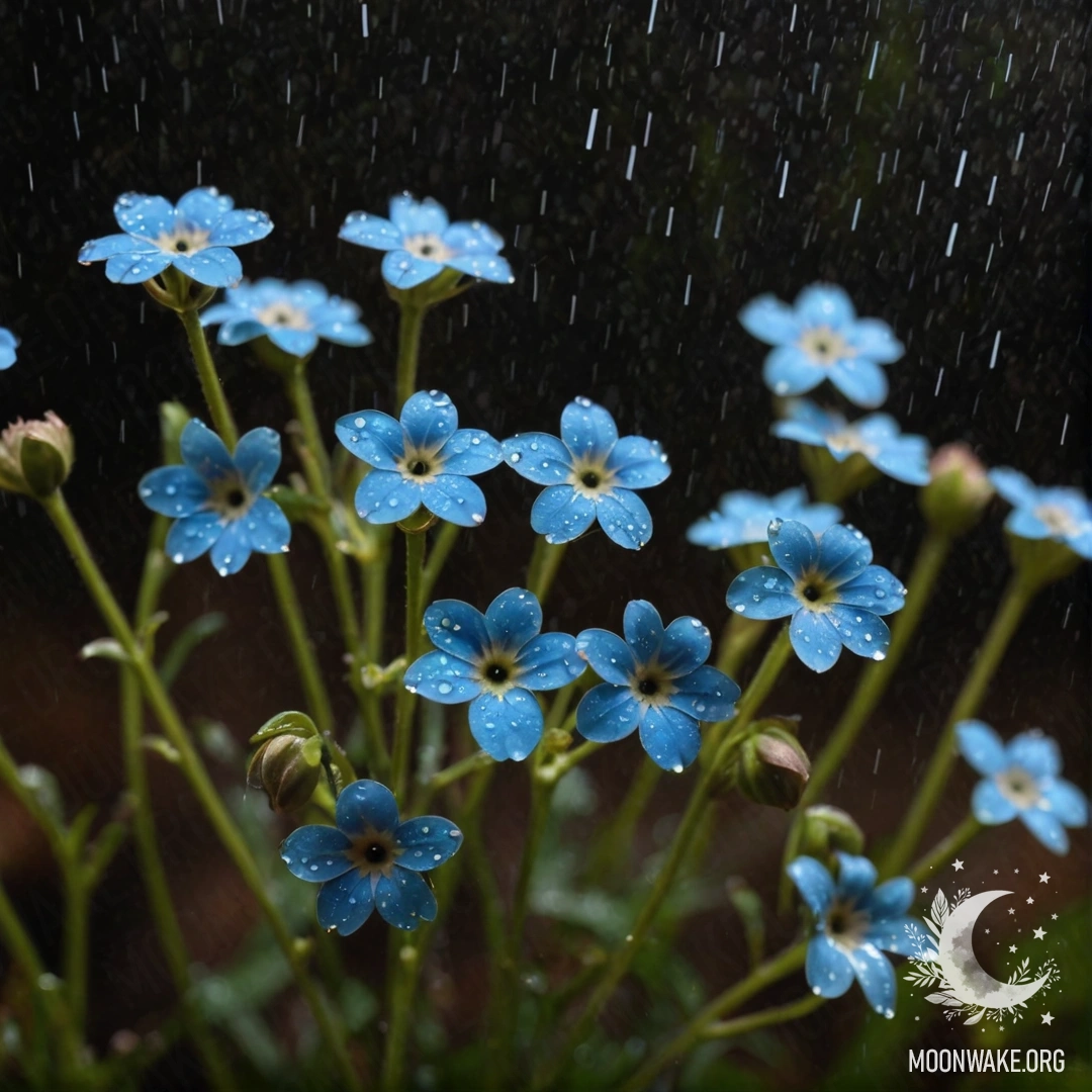 A display of lime-colored forget-me-nots glistening under rain at night.