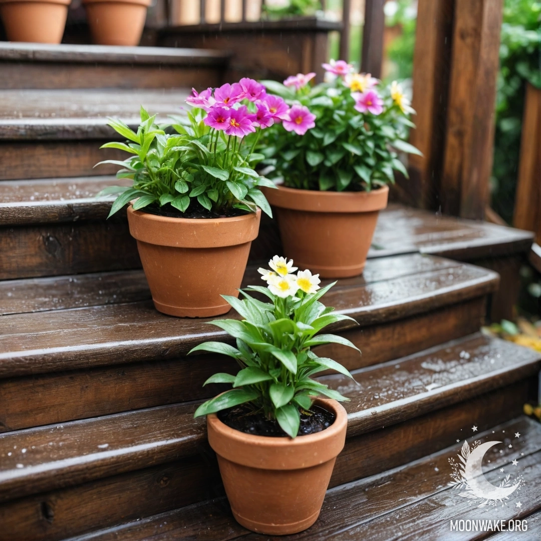 A photorealistic depiction of flowerpots on a wooden staircase under rain.