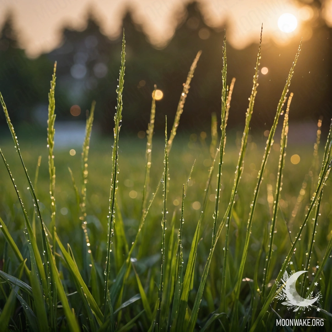 A close-up view of grass in a field against a bokeh sunset with rain.