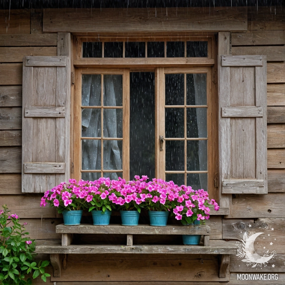 A shabby wooden window with shutters and a kerosene lamp, framed by a branch of pink flowers, with raindrops falling.