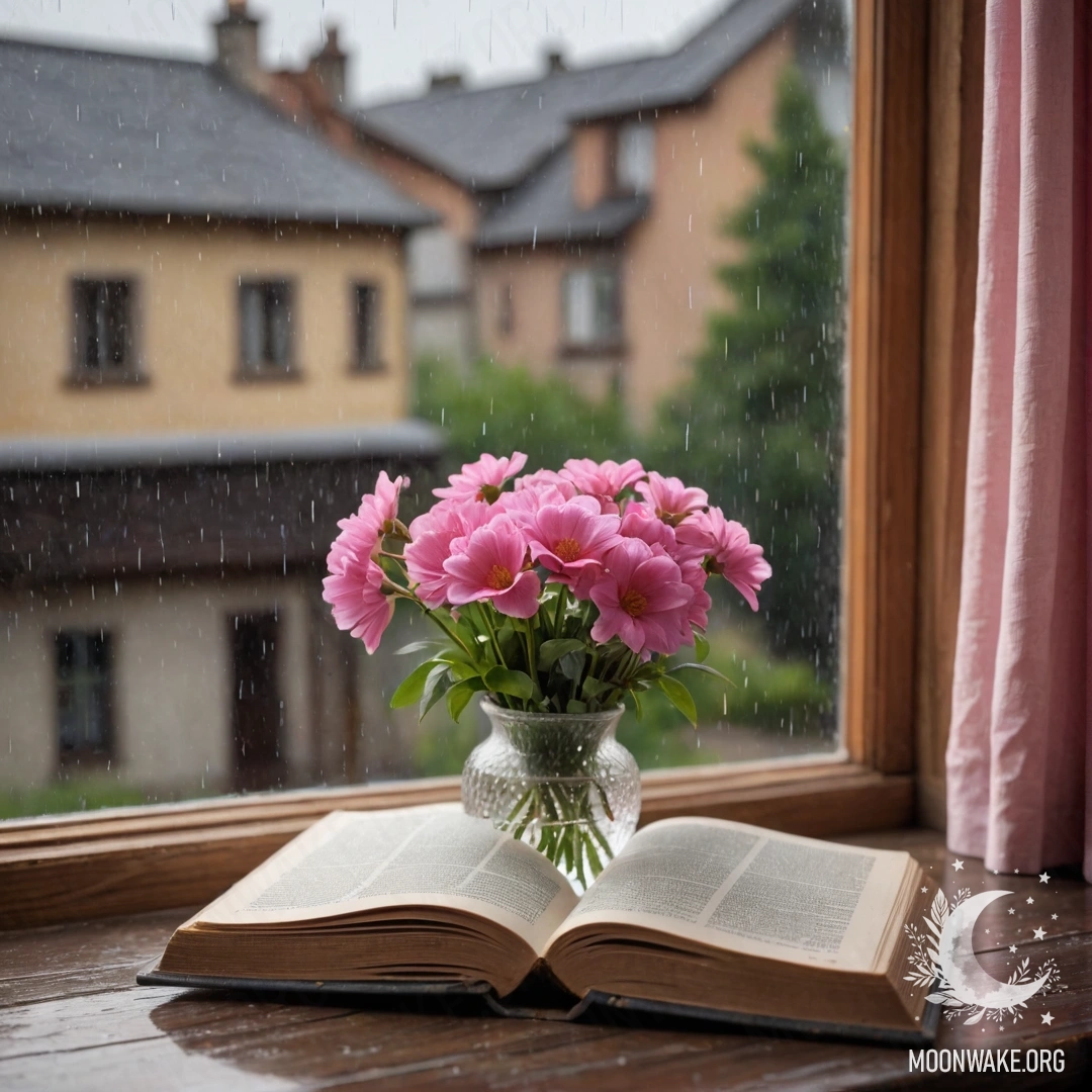 A wooden window sill with an old book and a gray vase of pink flowers, behind a pink curtain in the rain.