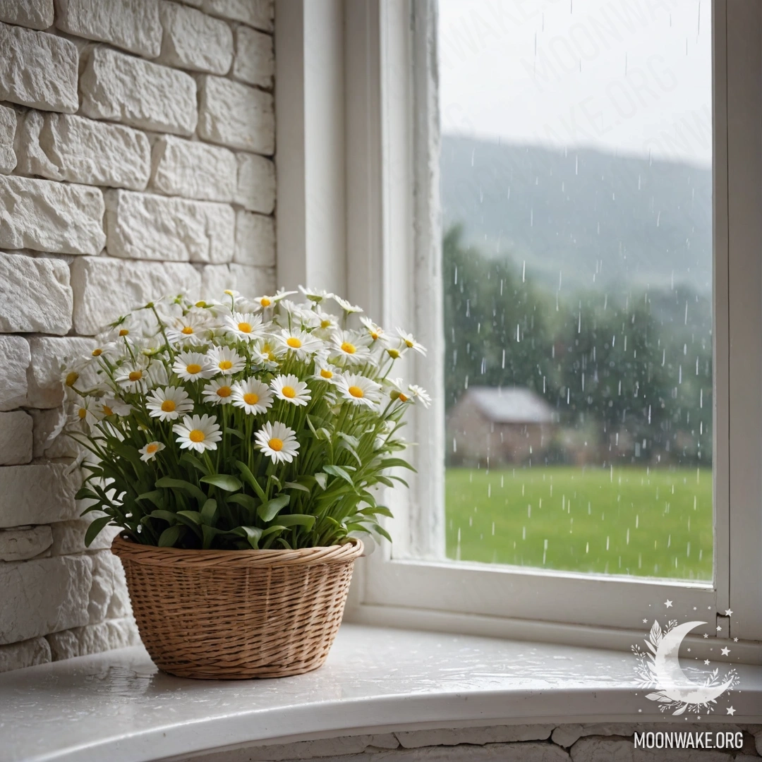 A beautiful white stone wall with an open window and a basket of daisies on the windowsill, under the rain.