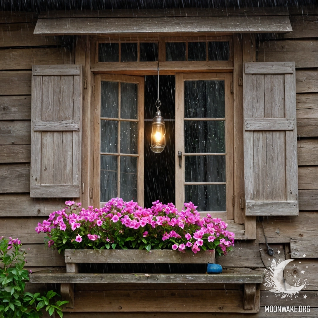 A shabby wooden window with shutters, a hanging kerosene lamp, and a branch of pink flowers curling around it in the rain.
