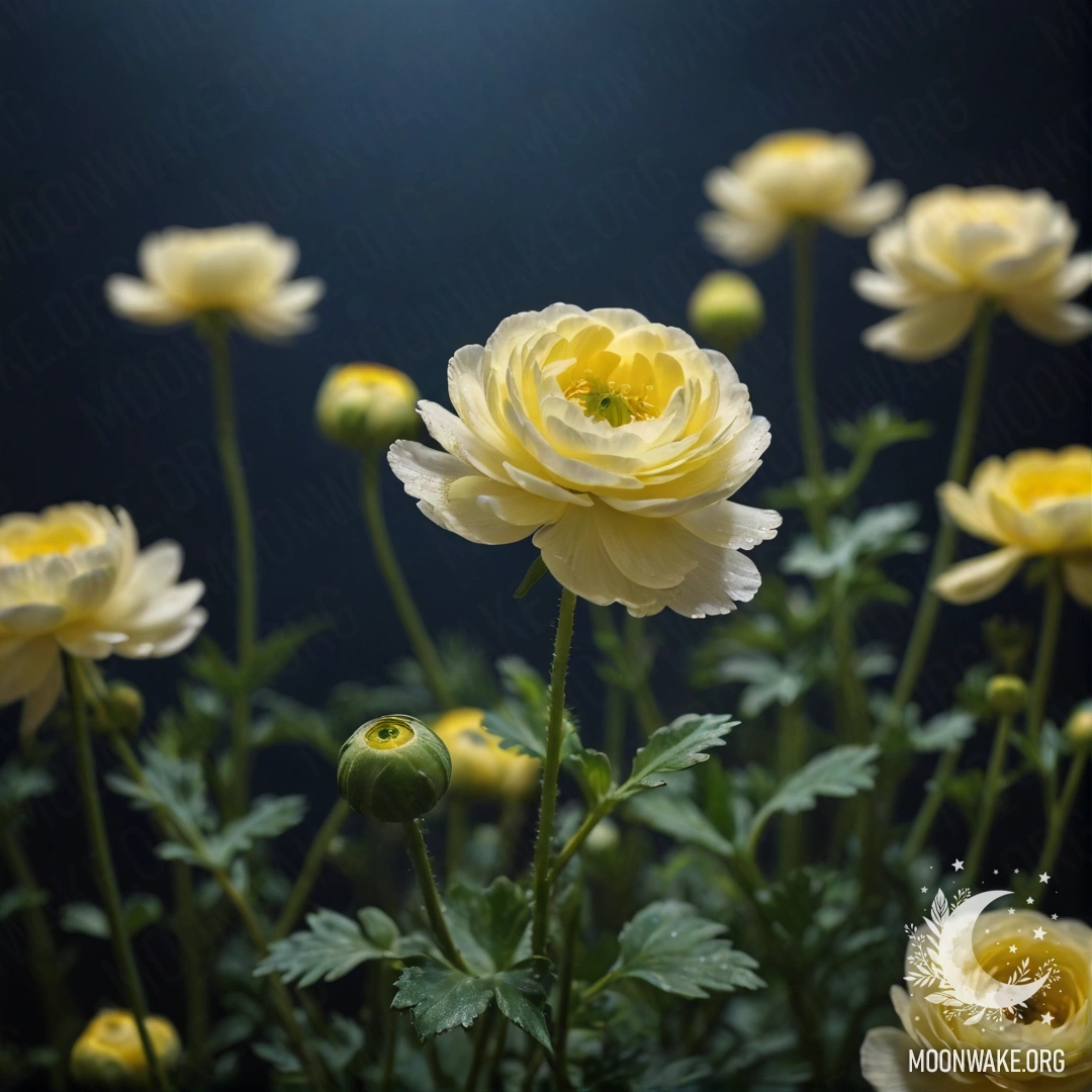 Ranunculus in Night Mist A beautiful ranunculus flower emerging through soft night mist, set against a warm yellow background.