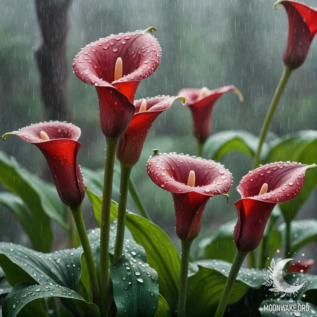 A beautiful arrangement of red calla lilies in the mist under rain, embellished with rhinestones.