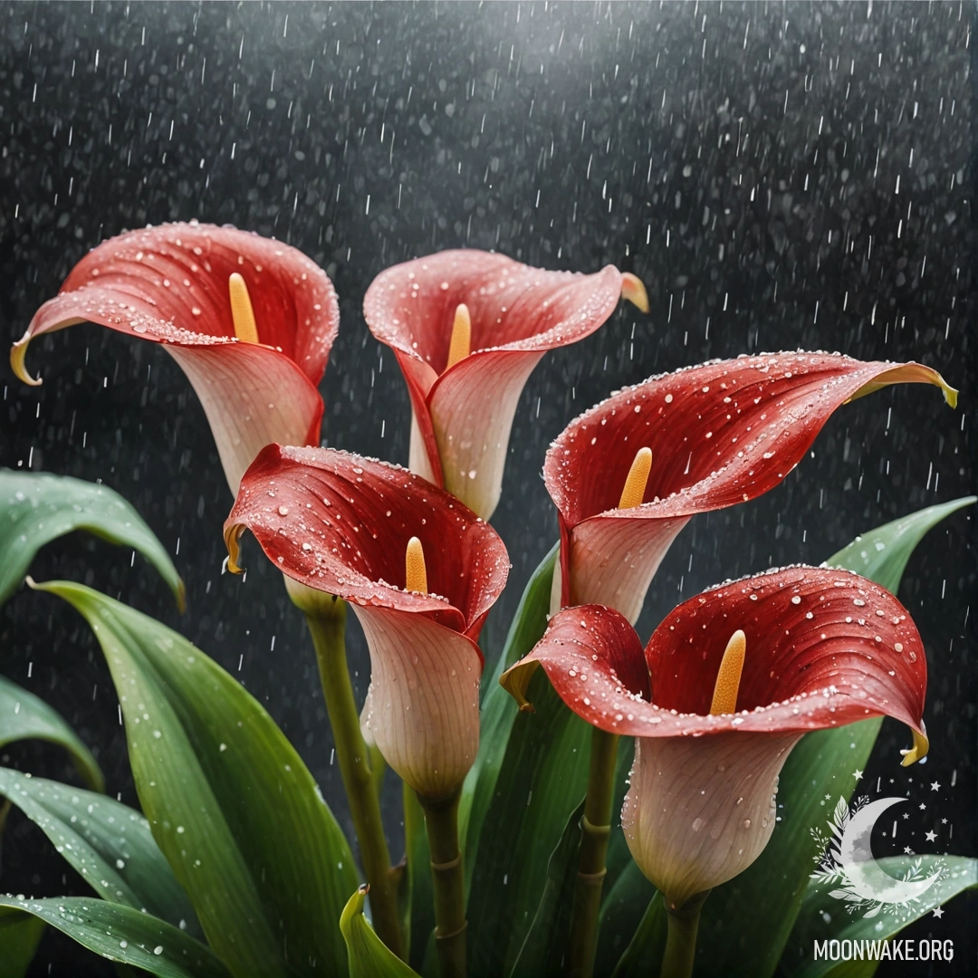 A vibrant image of red calla lilies covered in glitter, captured under the rain.