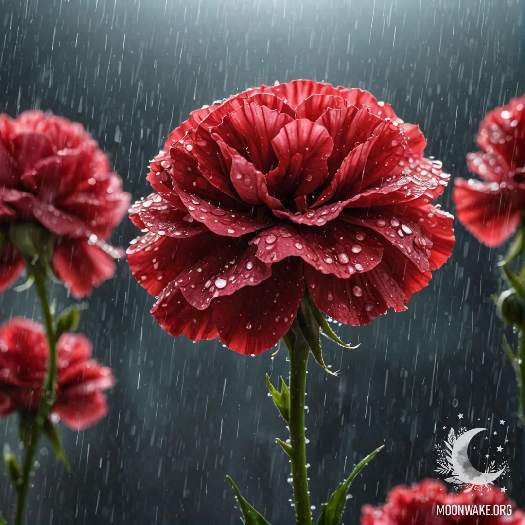 A solitary red carnation drenched in rain, embellished with sparkly sequins.