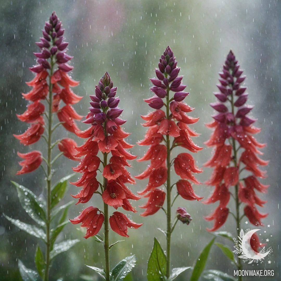 Red Delphinium in Misty Rain A vibrant red delphinium surrounded by mist and gentle rain.