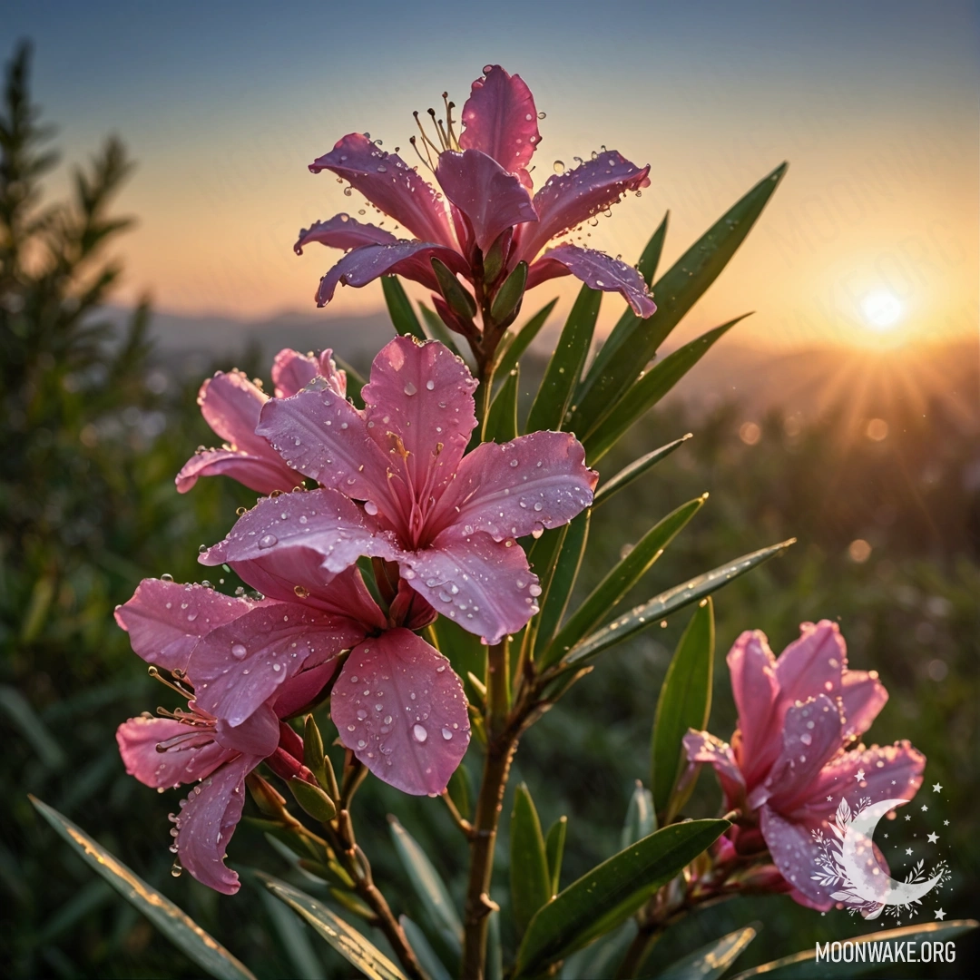 A vibrant red delphinium adorned with glistening dew drops against a sunlit background.