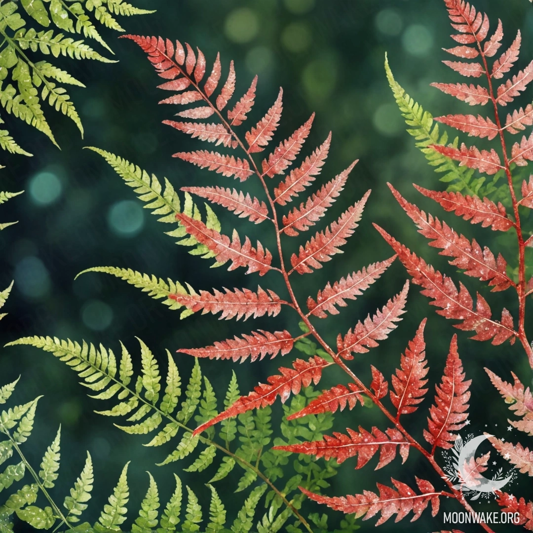 Red Fern with Glitter in Watercolor A peaceful red fern adorned with glitter in a delicate watercolor style.