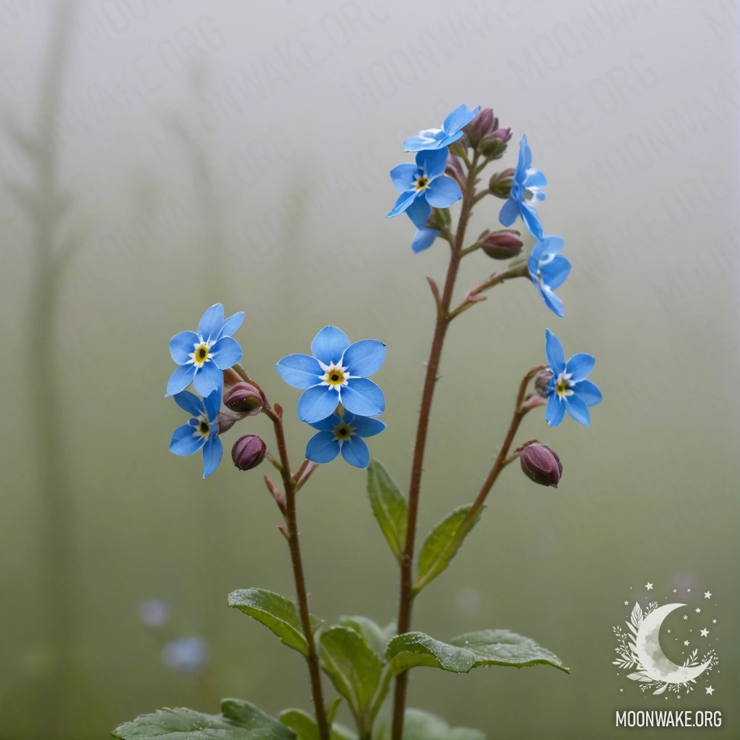 Red Forget-Me-Nots in Fog A serene landscape of red forget-me-nots surrounded by fog.
