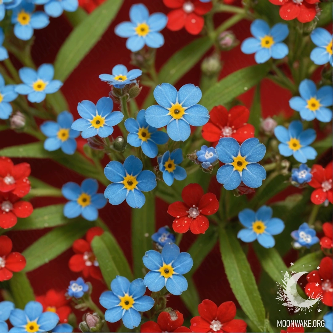 Red Minimalist Forget-Me-Nots with Rhinestones A digital painting featuring red forget-me-nots adorned with rhinestones, showcasing a minimalist style.
