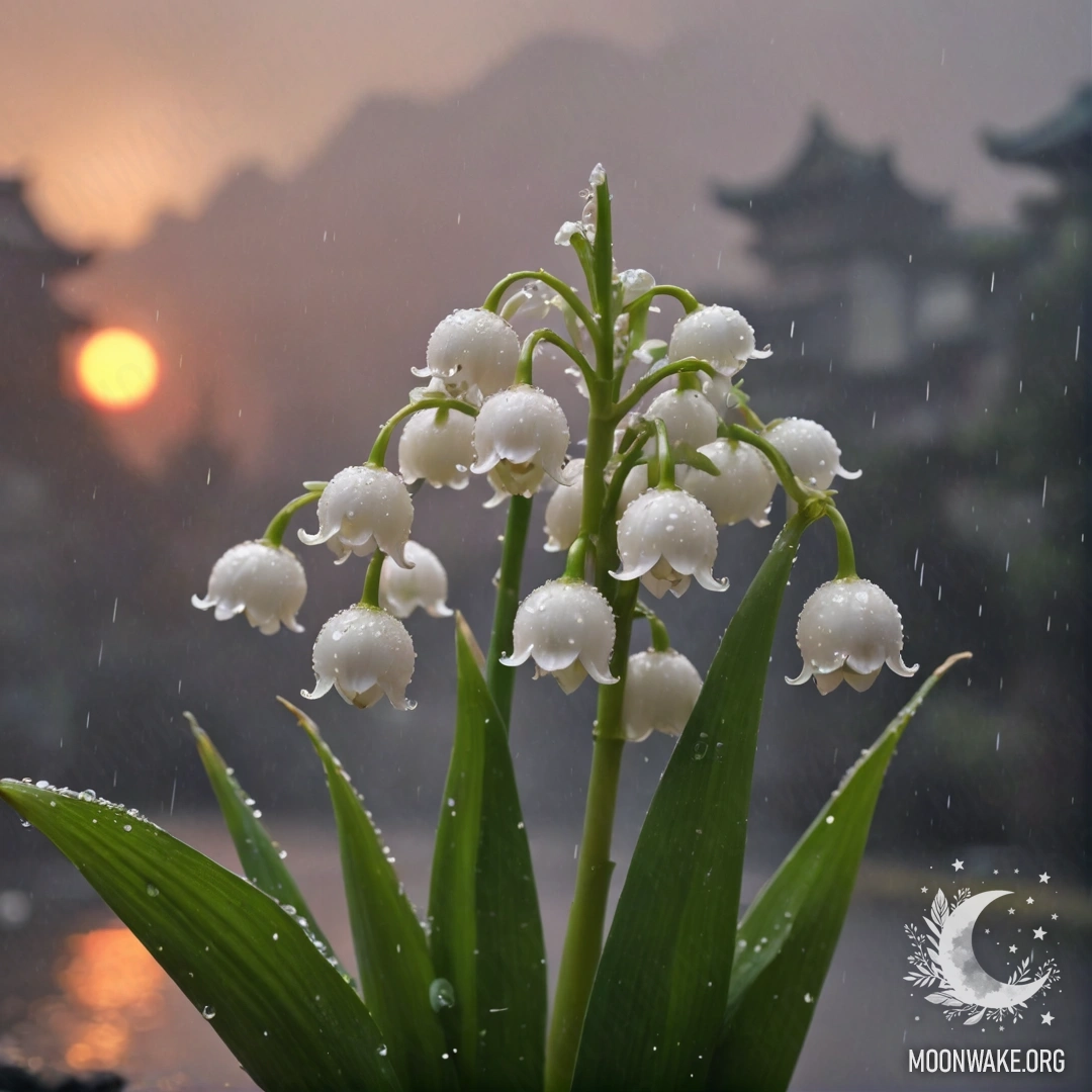 A close-up of red lily of the valley surrounded by mist and rain at sunset.