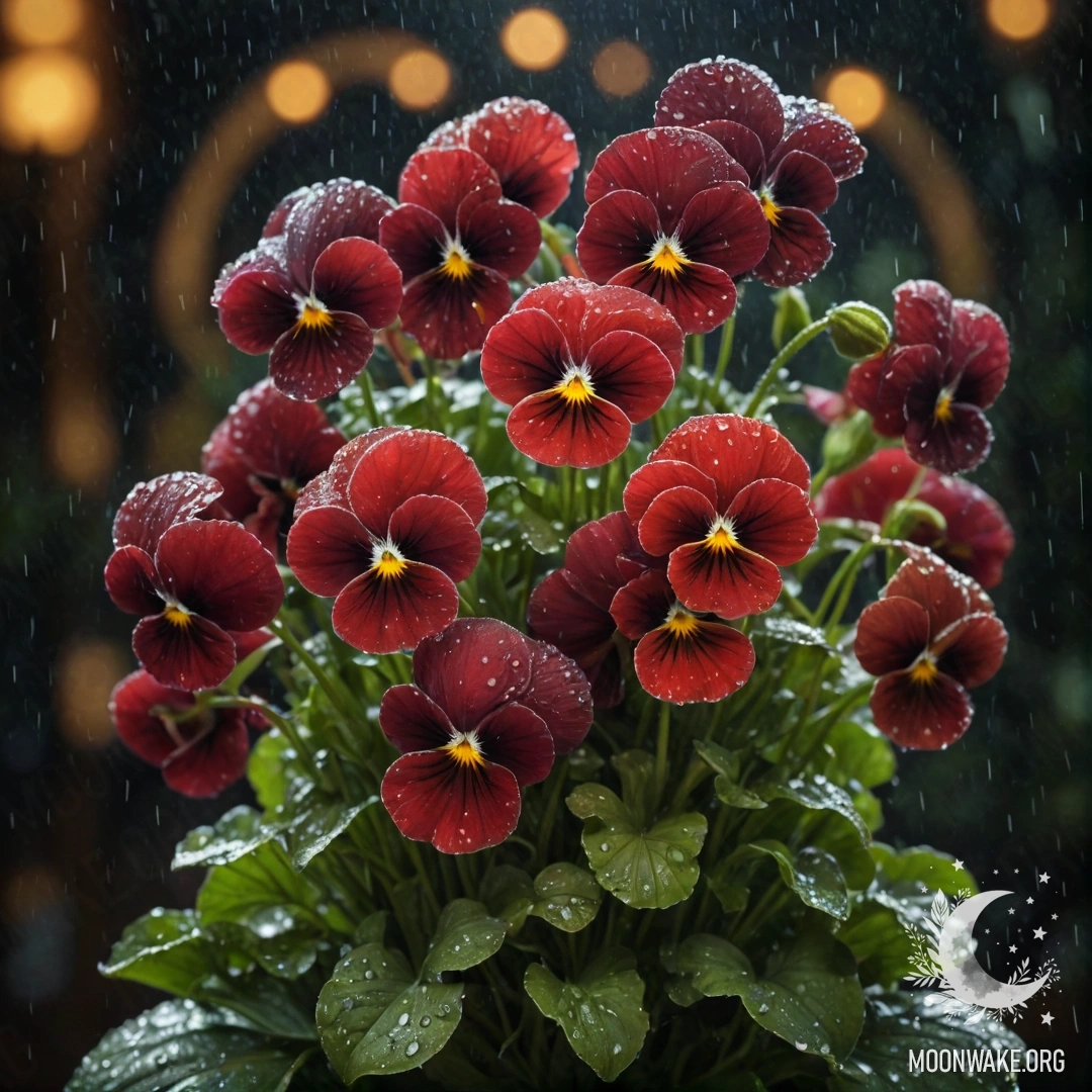 A bouquet of red pansies drenched by rain at night.