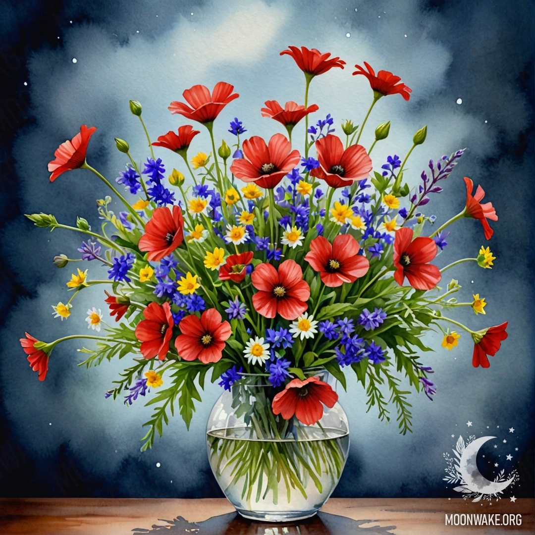 A vase filled with beautiful red wildflowers surrounded by mist at night.