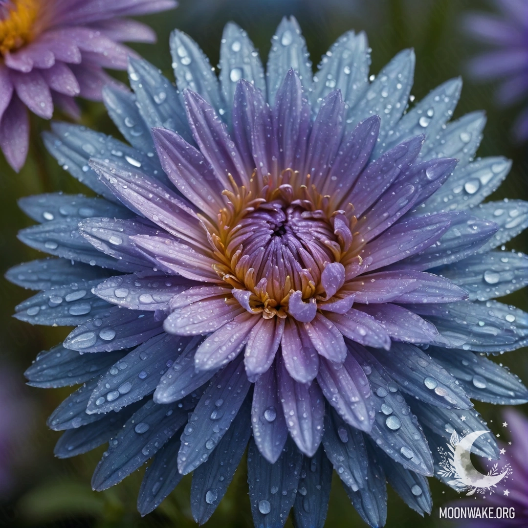 A bouquet of sky blue asters adorned with dew drops at sunset.