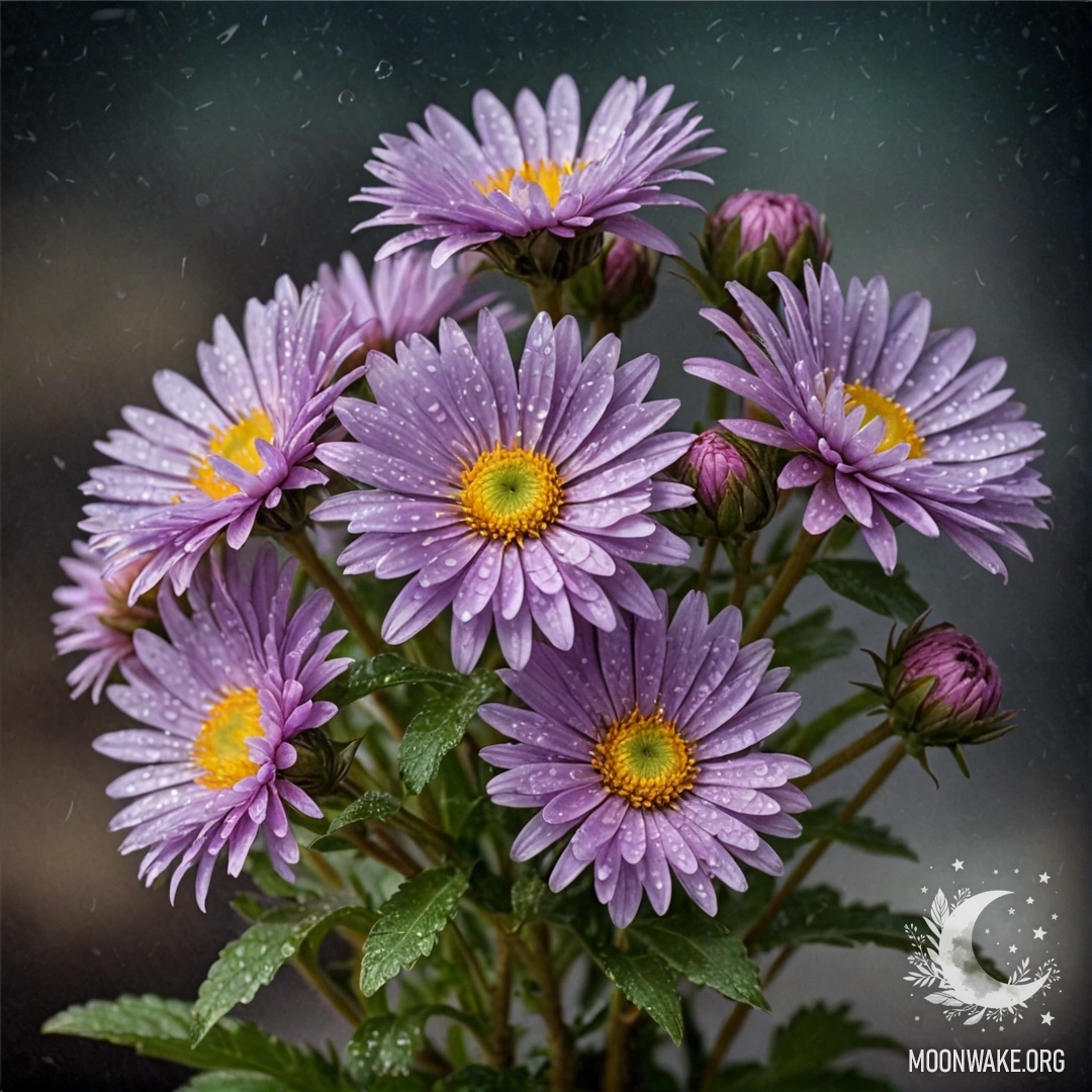 A romantic bouquet of aster flowers adorned with dew drops in a mint color palette, resembling an old postcard.