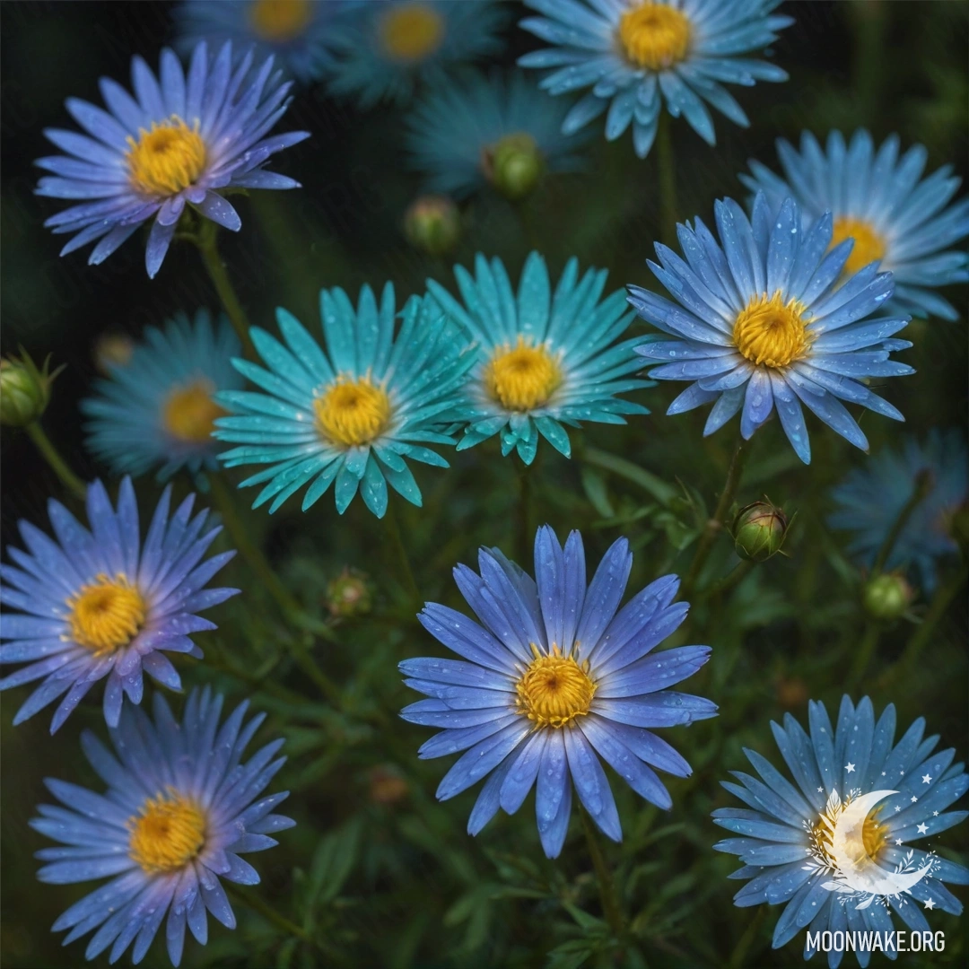 A romantic aster surrounded by mist, featuring greenish blue patterns at night.