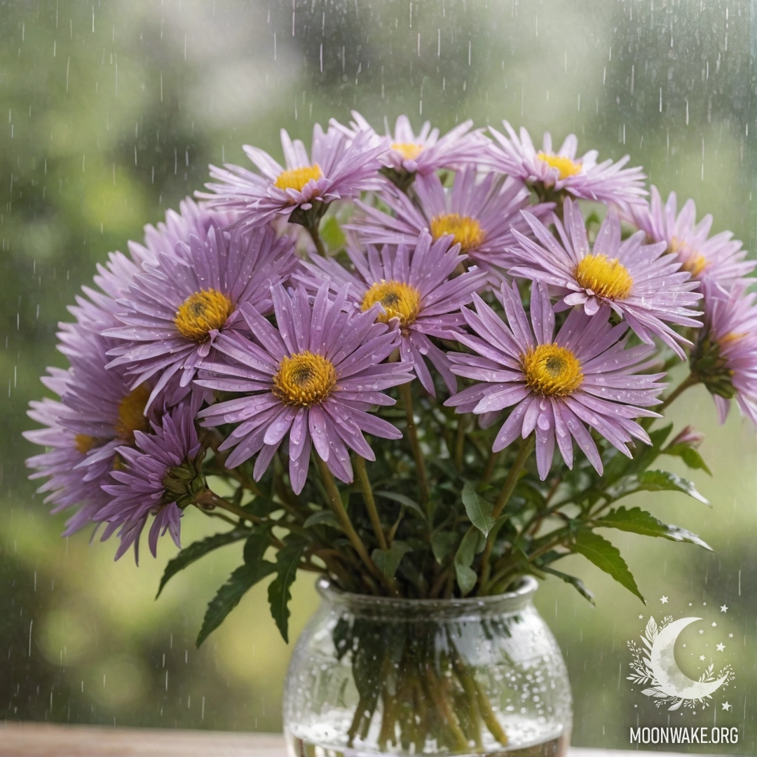 A delicate arrangement of pastel-colored asters in a vase, glistening with raindrops under soft sunny rays.